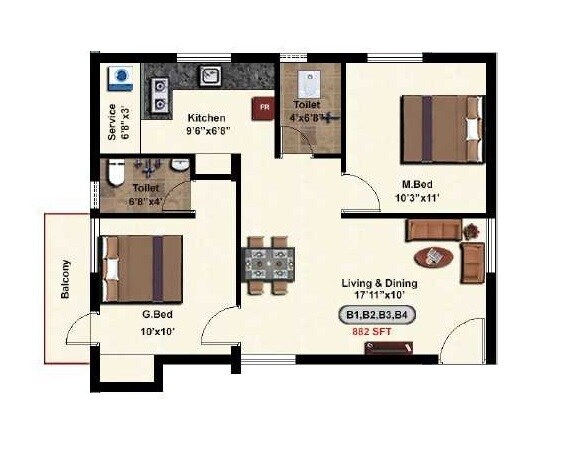 Floor plan of 2 BHK 882 Sq. Ft. Apartment in Steps Stone Vatsa, Chennai