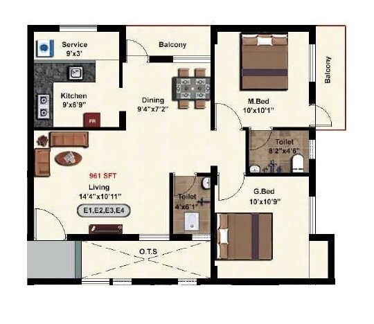 Floor plan of 2 BHK 961 Sq. Ft. Apartment in Steps Stone Vatsa, Chennai
