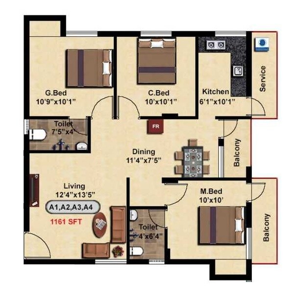 Floor plan of 3 BHK 1161 Sq. Ft. Apartment in Steps Stone Vatsa, Chennai