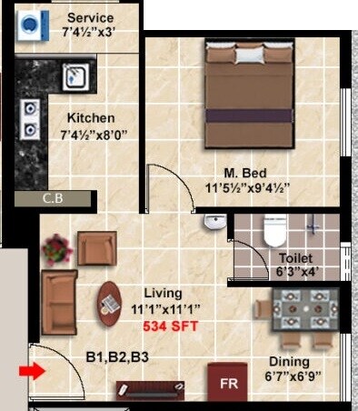Floor plan of 1 BHK 534 Sq. Ft. Apartment in Stepsstone Anans, Chennai