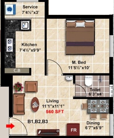Floor plan of 1 BHK 560 Sq. Ft. Apartment in Stepsstone Anans, Chennai