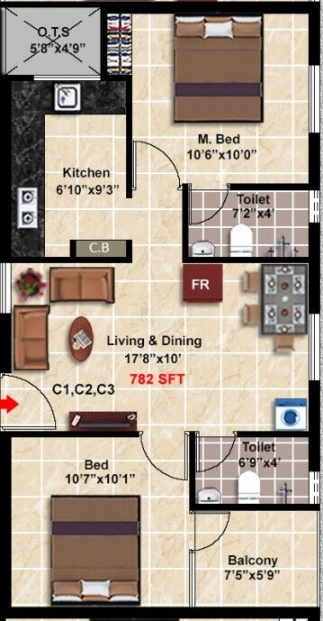 Floor plan of 2 BHK 782 Sq. Ft. Apartment in Stepsstone Anans, Chennai
