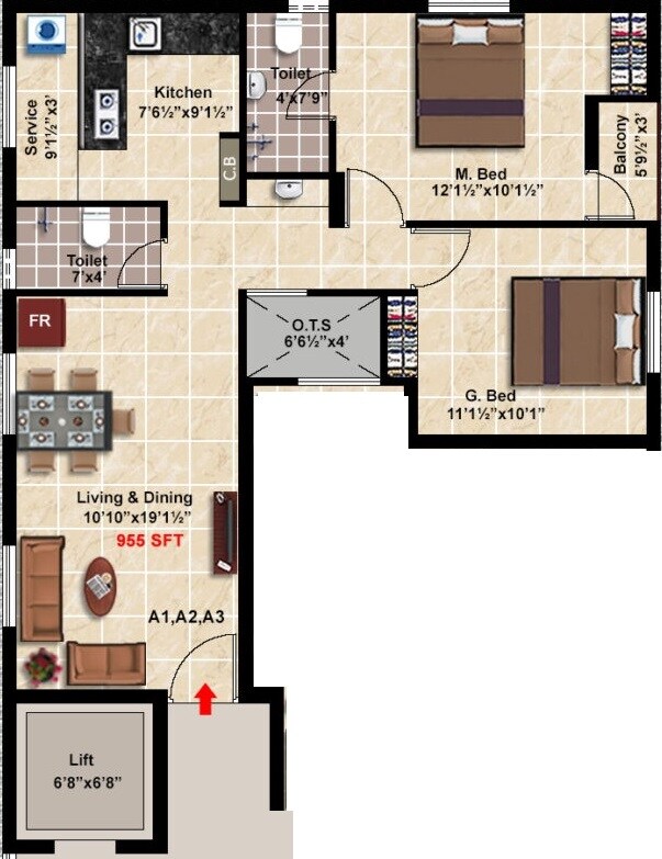Floor plan of 2 BHK 955 Sq. Ft. Apartment in Stepsstone Anans, Chennai