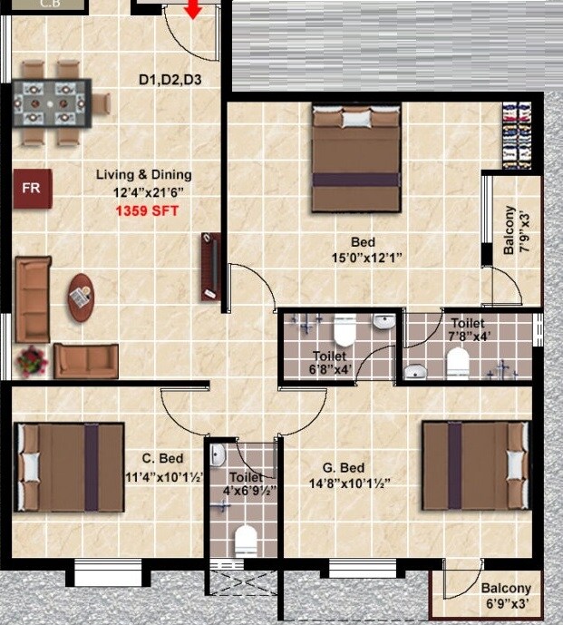 Floor plan of 3 BHK 1359 Sq. Ft. Apartment in Stepsstone Anans, Chennai