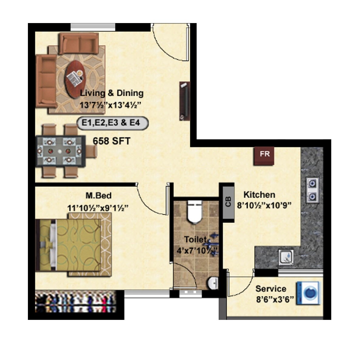 Floor plan of 1 BHK 658 Sq. Ft. Apartment in StepsStone Harisri, Chennai