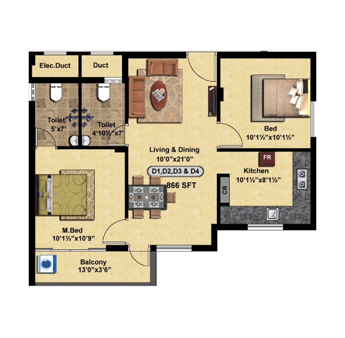 Floor plan of 2 BHK 866 Sq. Ft. Apartment in StepsStone Harisri, Chennai
