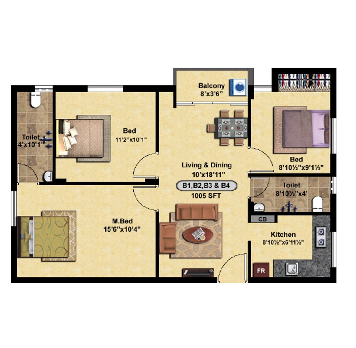 Floor plan of 3 BHK 1005 Sq. Ft. Apartment in StepsStone Harisri, Chennai
