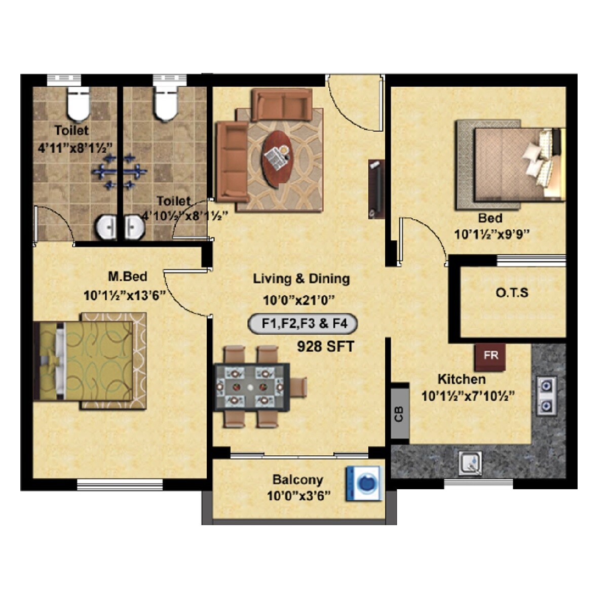 Floor plan of 2 BHK 928 Sq. Ft. Apartment in StepsStone Harisri, Chennai