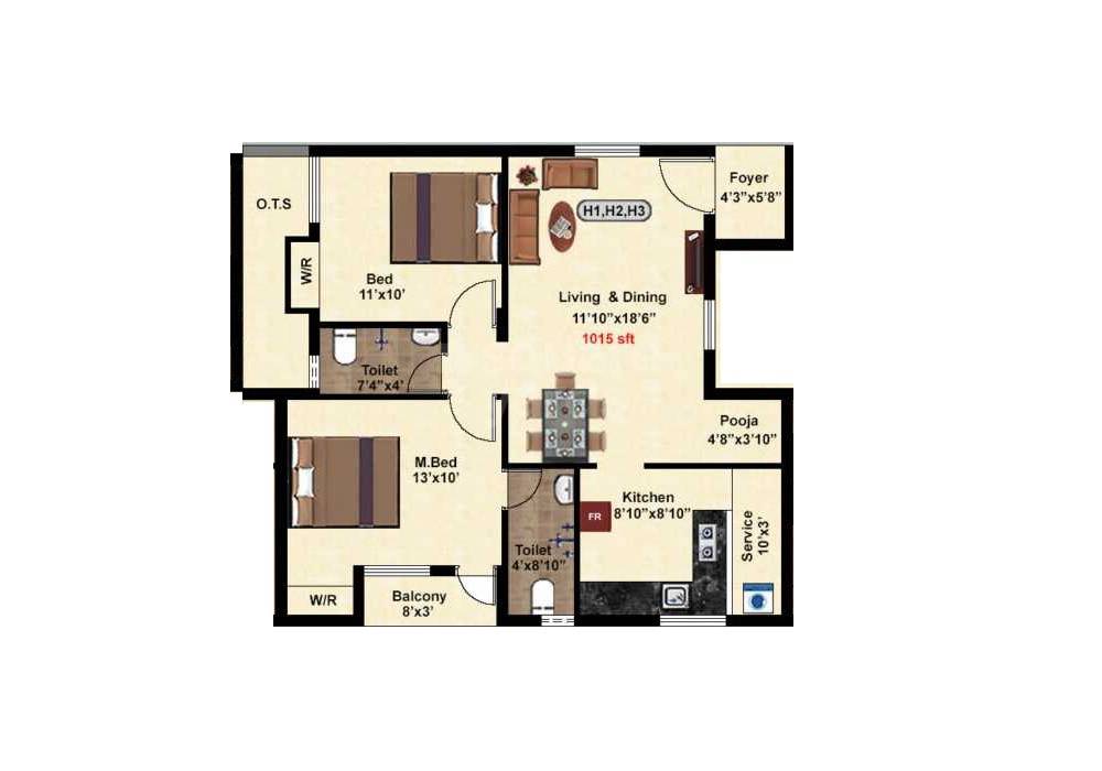 Floor plan of 2 BHK 1015 Sq. Ft. Apartment in StepsStone Vatsa 4 AVM, Chennai