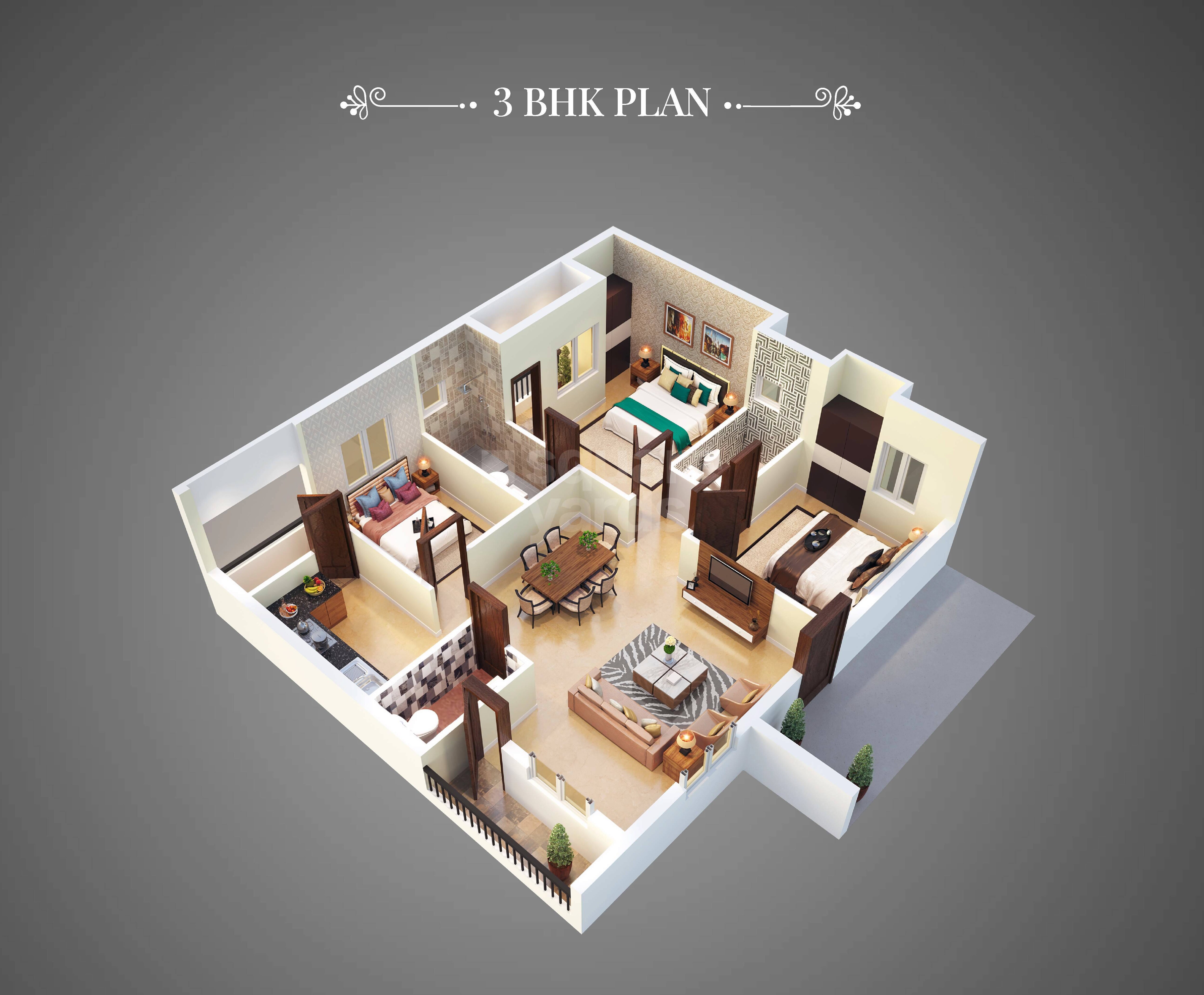 Floor plan of 3 BHK 1188 Sq. Ft. Apartment in StepsStone Vatsa 4 AVM, Chennai