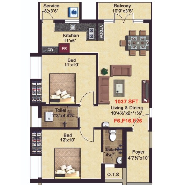 Floor plan of 2 BHK 1037 Sq. Ft. Apartment in StepsStone Viktaa, Chennai