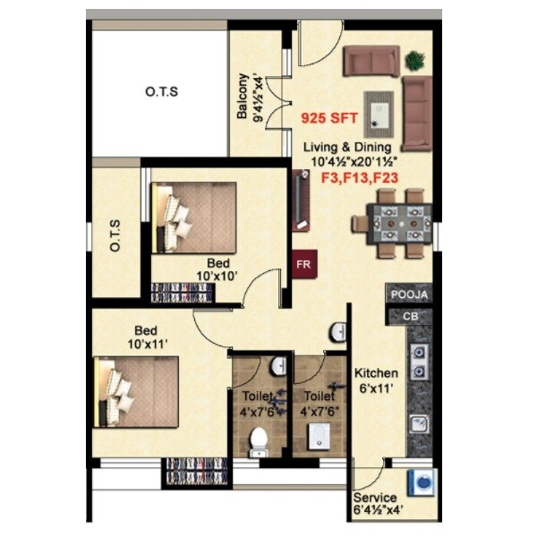 Floor plan of 2 BHK 925 Sq. Ft. Apartment in StepsStone Viktaa, Chennai
