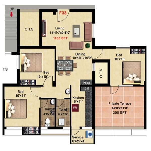 Floor plan of 3 BHK 1105 Sq. Ft. Apartment in StepsStone Viktaa, Chennai
