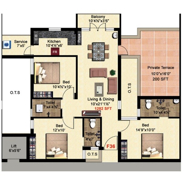 Floor plan of 3 BHK 1282 Sq. Ft. Apartment in StepsStone Viktaa, Chennai