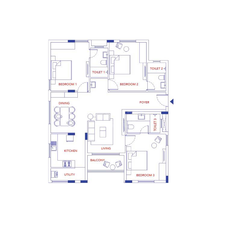 Floor plan of 3 BHK 1144 Sq. Ft. Apartment in Sultan Marina Residences, Chennai