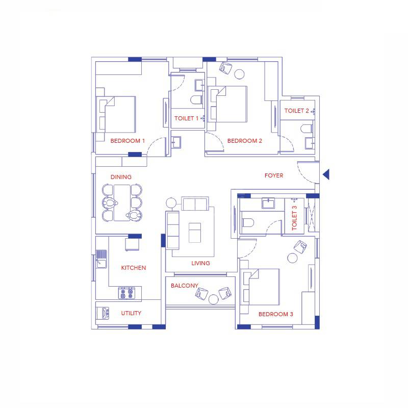 Floor plan of 3 BHK 1146 Sq. Ft. Apartment in Sultan Marina Residences, Chennai