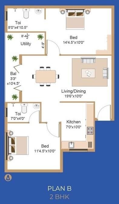 Floor plan of 2 BHK 1032 Sq. Ft. Apartment in Swanag Sri Ramalakshmi, Chennai