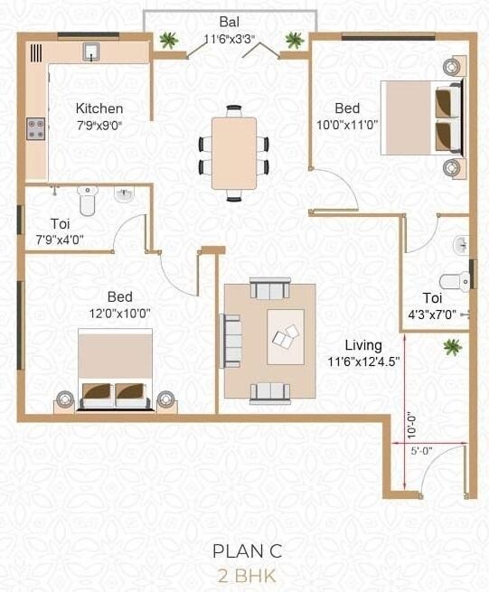 Floor plan of 2 BHK 1034 Sq. Ft. Apartment in Swanag Sri Ramalakshmi, Chennai