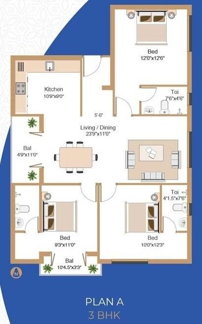 Floor plan of 3 BHK 1508 Sq. Ft. Apartment in Swanag Sri Ramalakshmi, Chennai