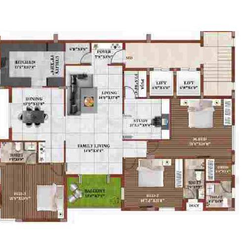 Floor plan of 3 BHK 1907 Sq. Ft. Apartment in Swathi Janani Apartments, Chennai