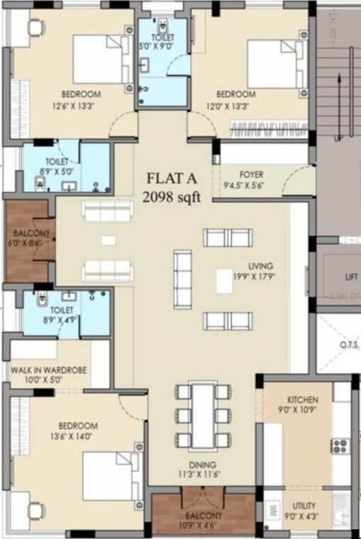 Floor plan of 3 BHK 2098 Sq. Ft. Apartment in Swathi Shalom, Chennai