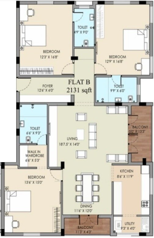 Floor plan of 3 BHK 2131 Sq. Ft. Apartment in Swathi Shalom, Chennai