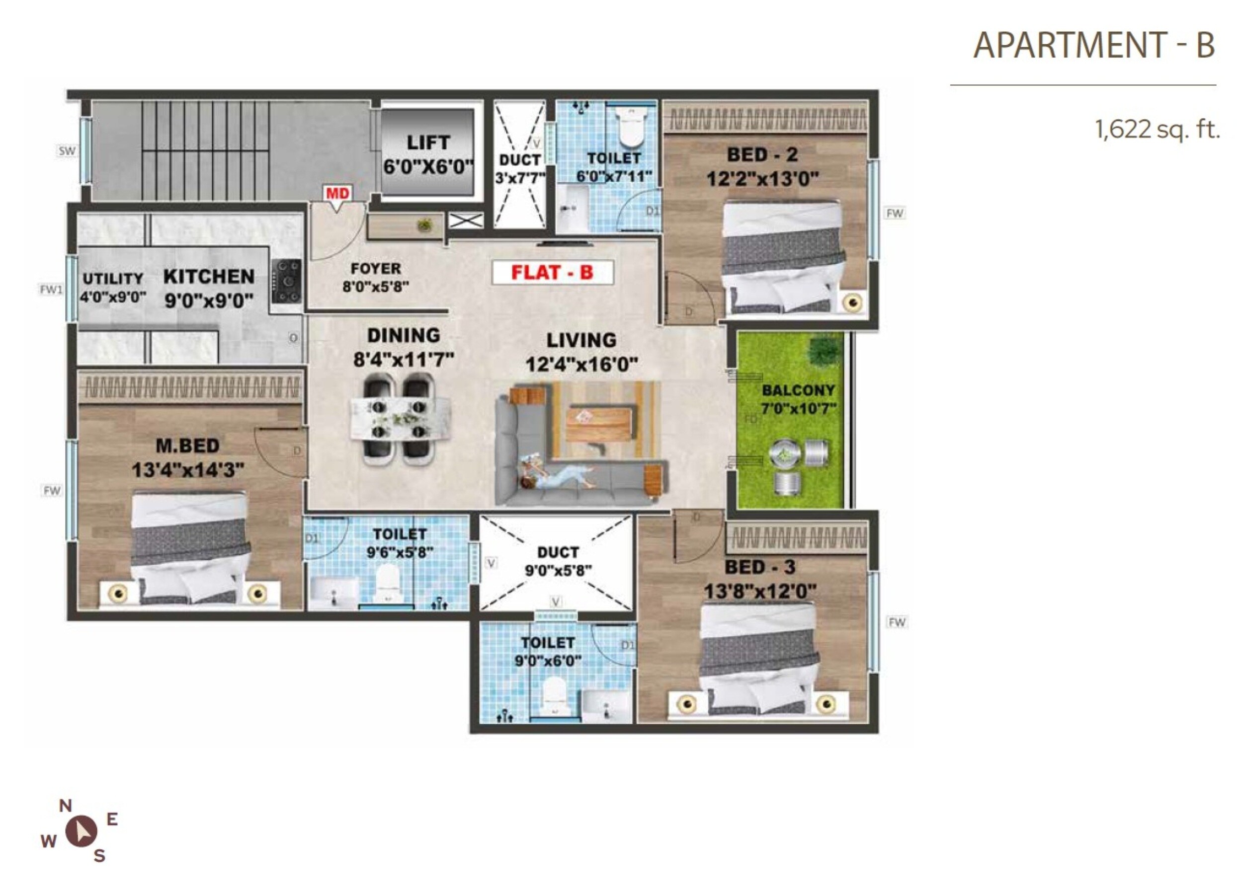 Floor plan of 3 BHK 1622 Sq. Ft. Apartment in Swathi Tara, Chennai