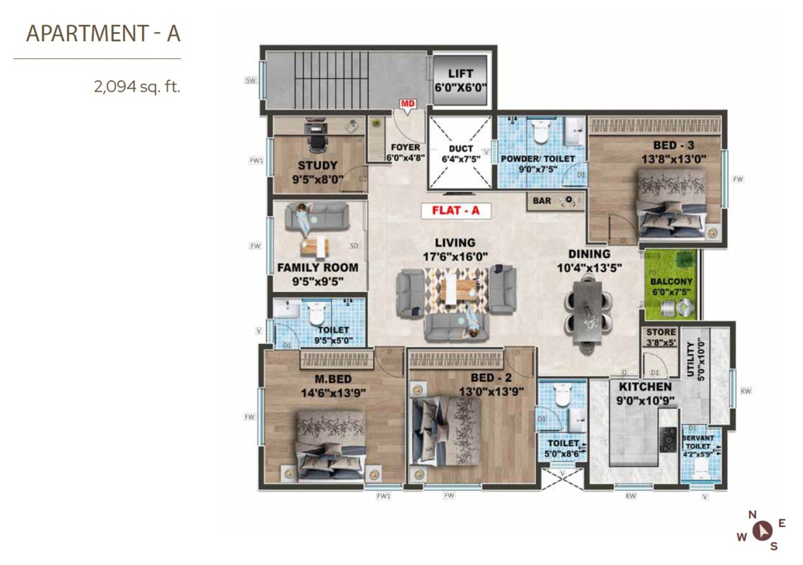 Floor plan of 3 BHK 2094 Sq. Ft. Apartment in Swathi Tara, Chennai