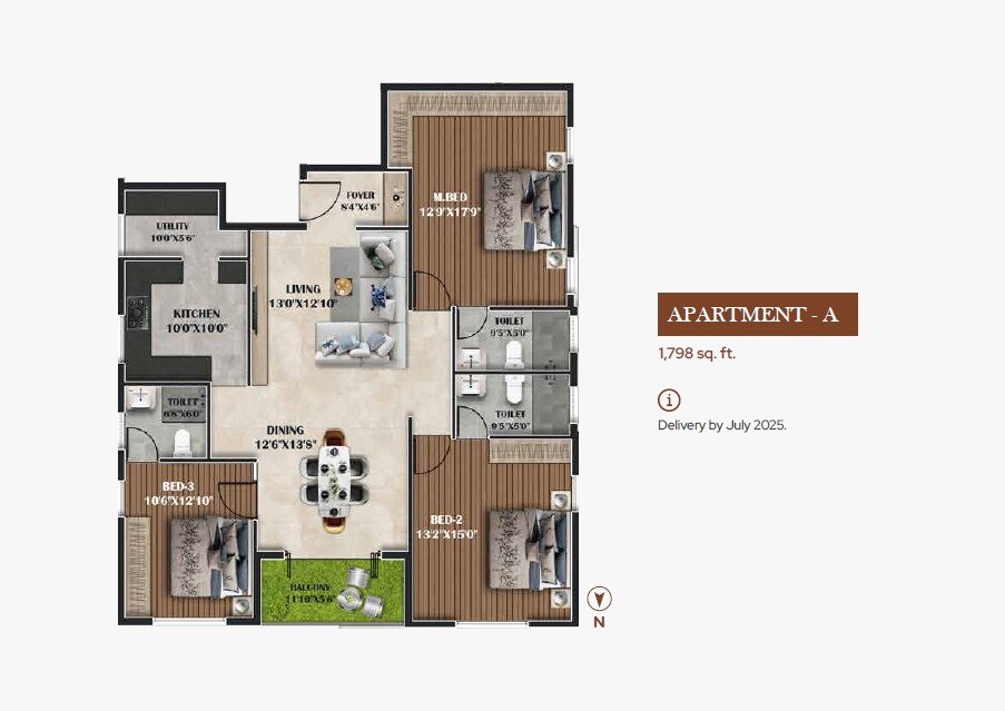 Floor plan of 3 BHK 1798 Sq. Ft. Apartment in Swathi Varun, Chennai