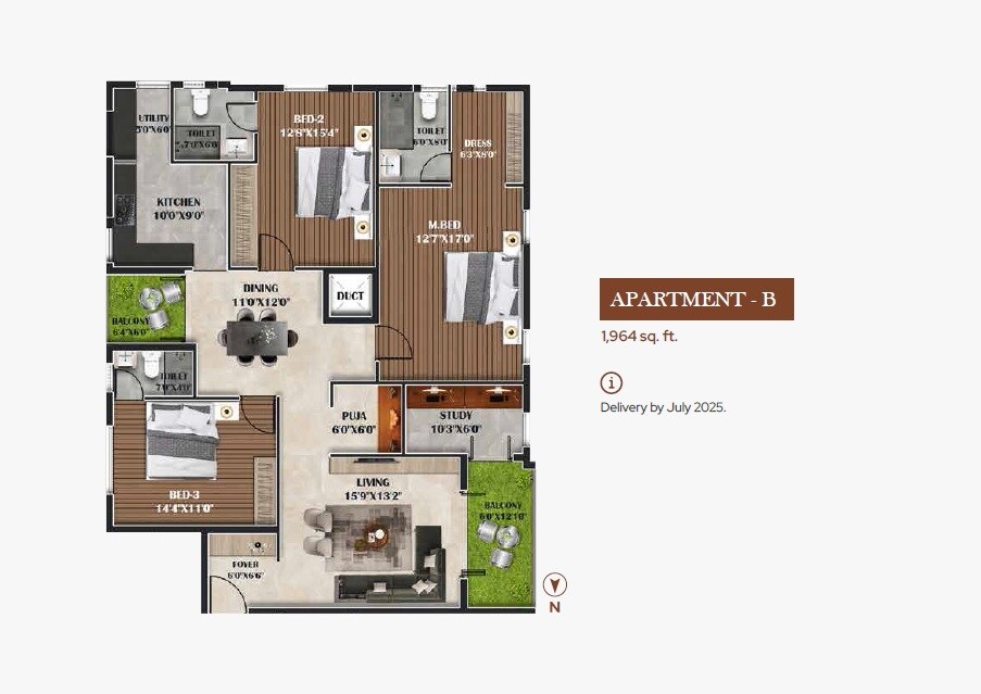 Floor plan of 3 BHK 1964 Sq. Ft. Apartment in Swathi Varun, Chennai