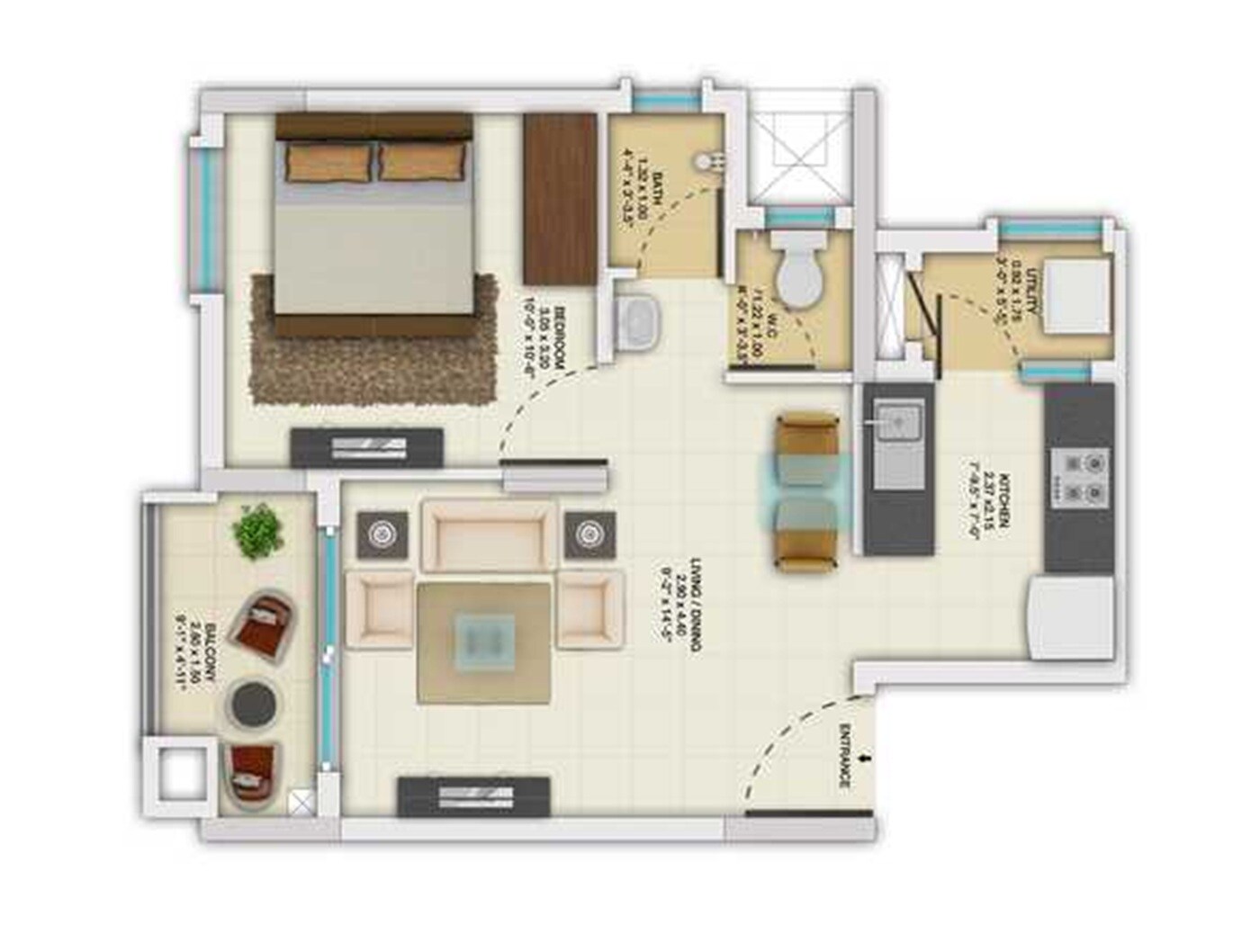 Floor plan of 1 BHK 603 Sq. Ft. Apartment in TATA New Haven Ribbon Walk, Chennai