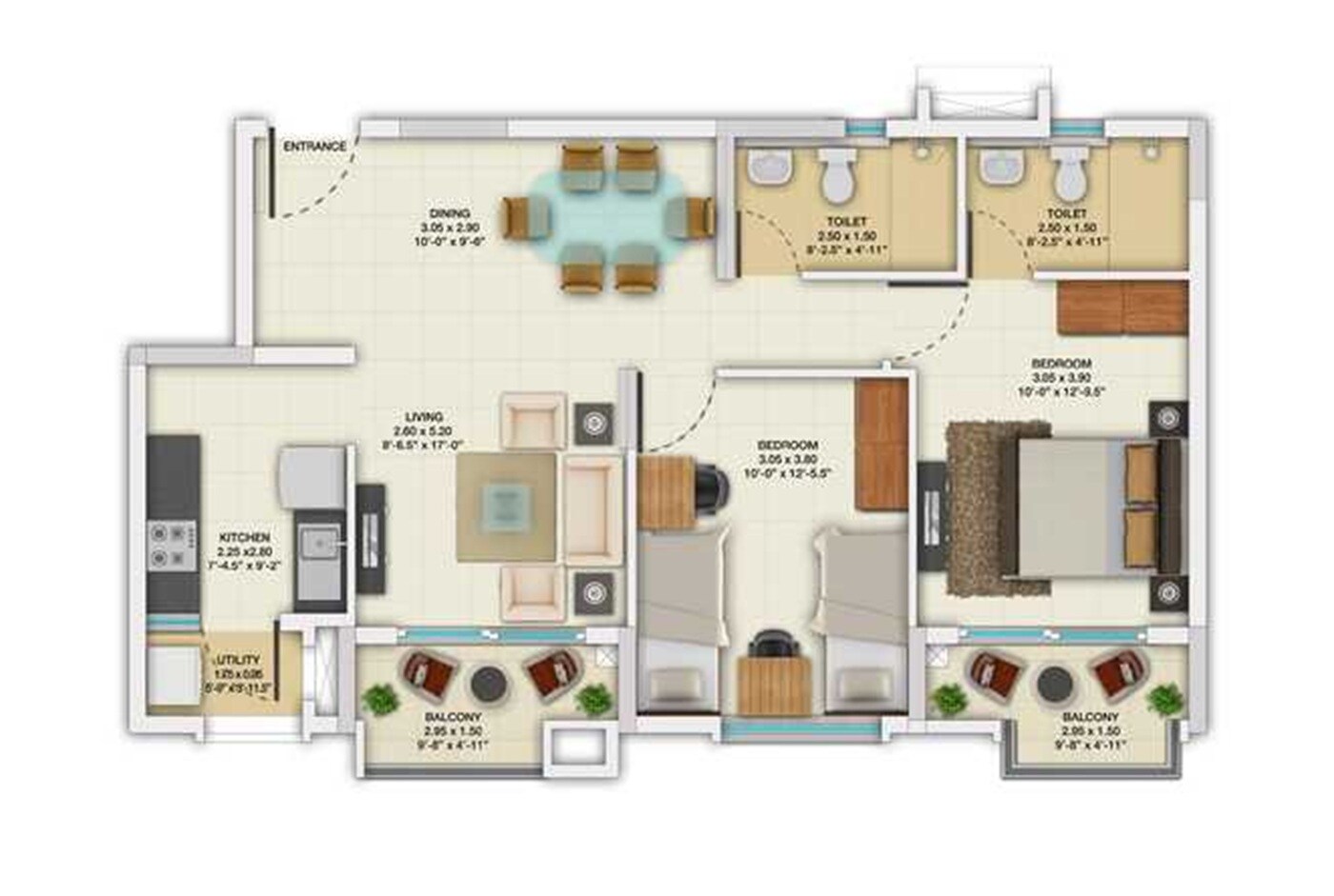 Floor plan of 2 BHK 999 Sq. Ft. Apartment in TATA New Haven Ribbon Walk, Chennai
