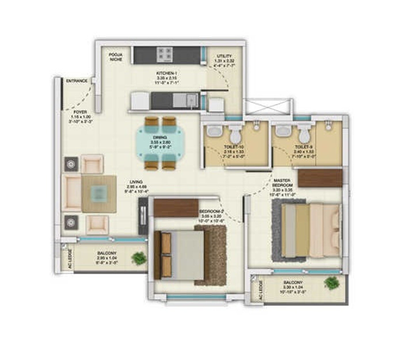 2 BHK 855 Sq. Ft. Apartment