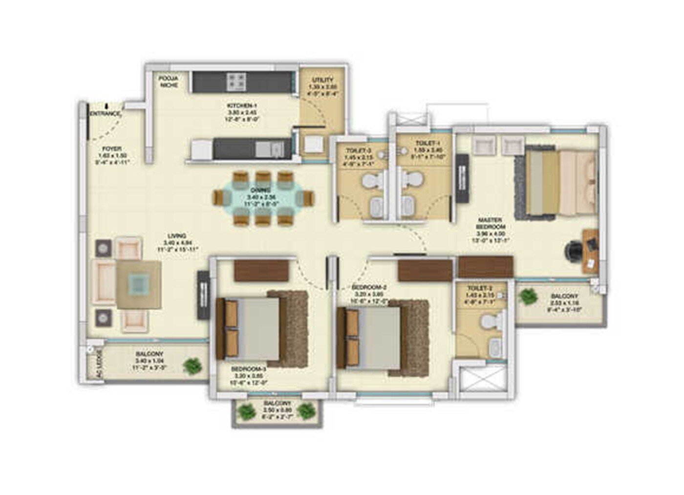 Floor plan of 3 BHK 1386 Sq. Ft. Apartment in TATA Santorini, Chennai