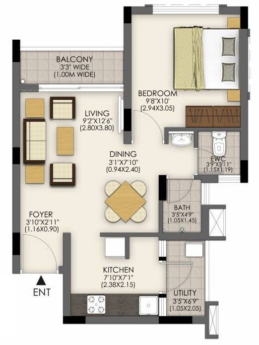 Floor plan of 1 BHK 417 Sq. Ft. Apartment in TATA Santorini Phase IB, Chennai
