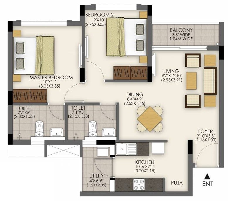 Floor plan of 2 BHK 622 Sq. Ft. Apartment in TATA Santorini Phase IB, Chennai