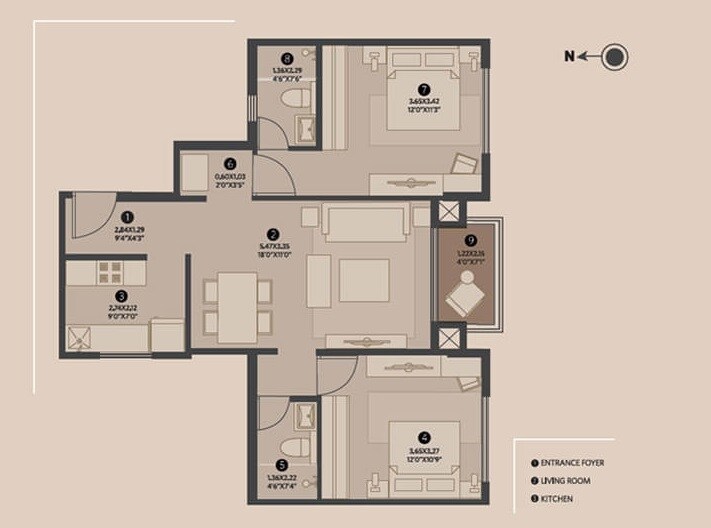 Floor plan of 2 BHK 1025 Sq. Ft. Apartment in The House Of Hiranandani, Chennai