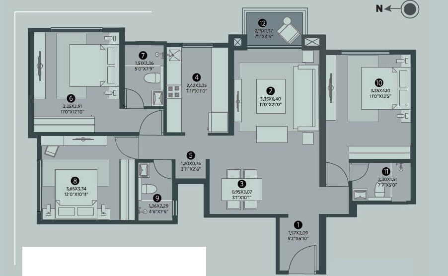 Floor plan of 3 BHK 1556 Sq. Ft. Apartment in The House Of Hiranandani, Chennai