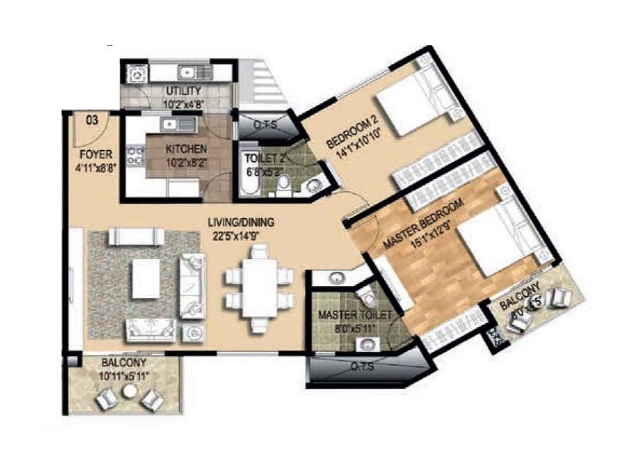 Floor plan of 2 BHK 1555 Sq. Ft. Apartment in The Metrozone, Chennai