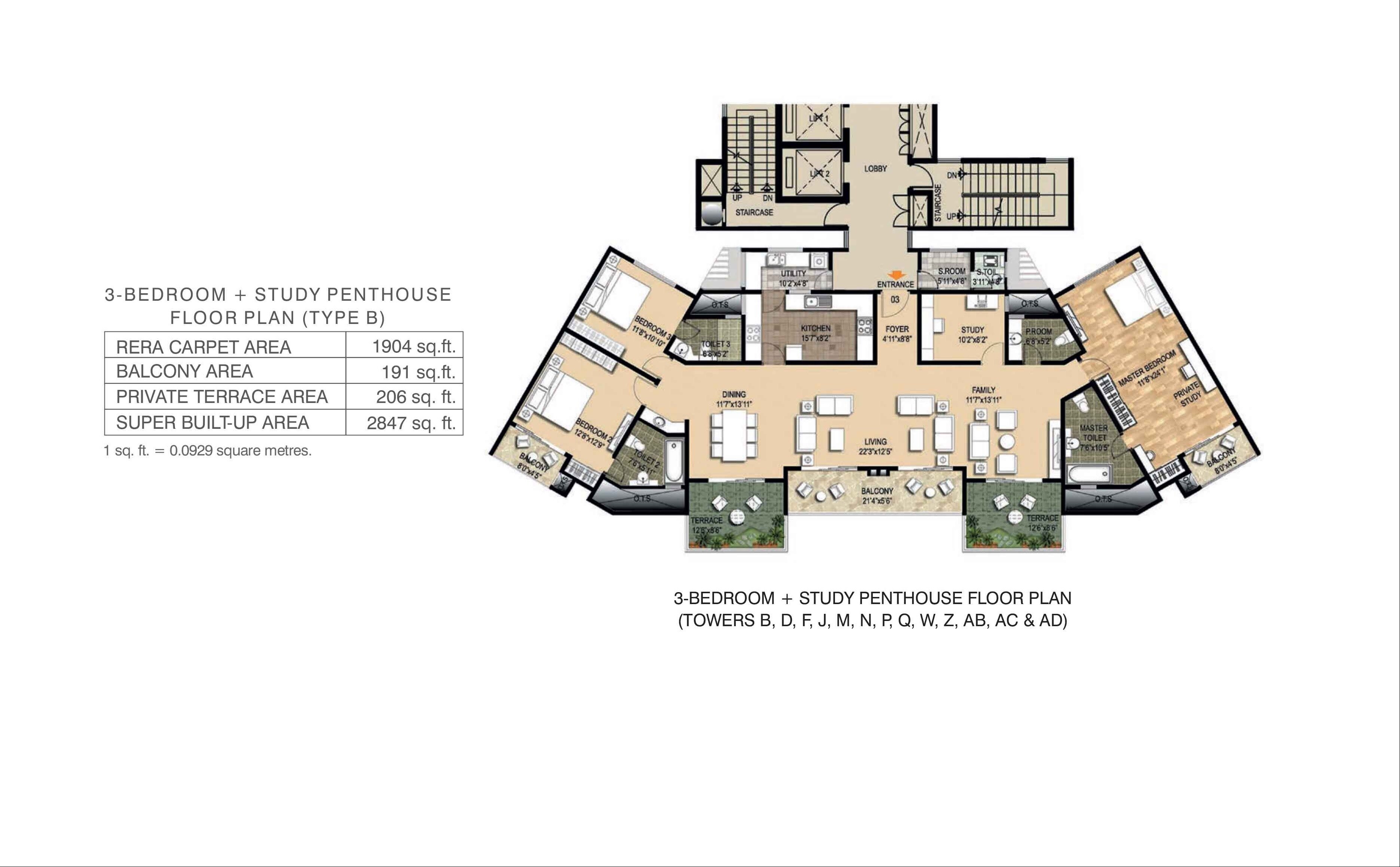 Floor plan of 3 BHK 2847 Sq. Ft. Penthouse in The Metrozone, Chennai