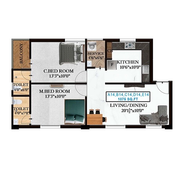 Floor plan of 2 BHK 1075 Sq. Ft. Apartment in The Nest Art, Chennai