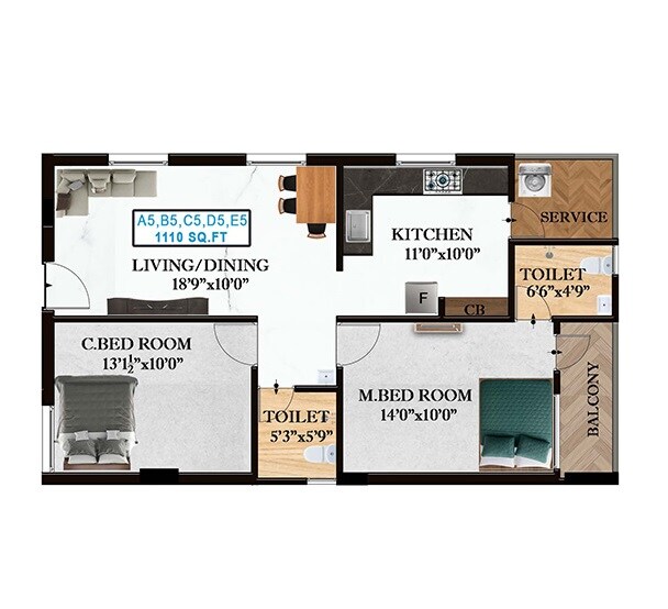 Floor plan of 2 BHK 1110 Sq. Ft. Apartment in The Nest Art, Chennai