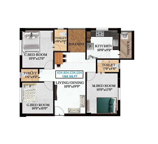 Floor plan of 3 BHK 1265 Sq. Ft. Apartment in The Nest Art, Chennai
