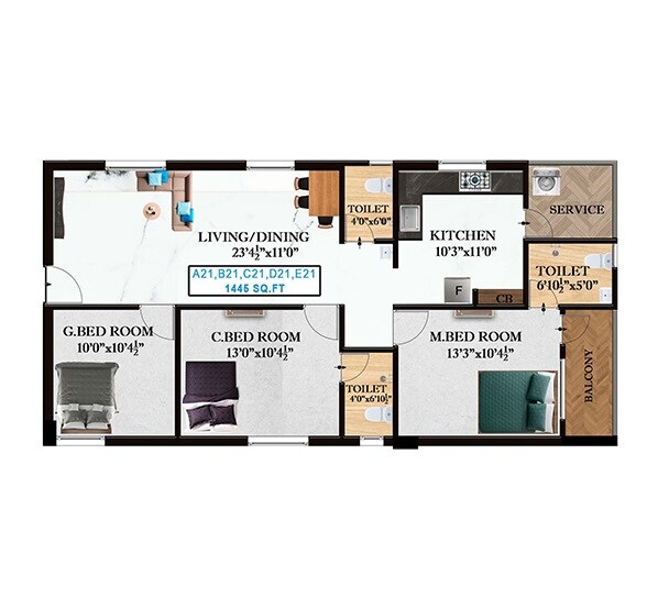 Floor plan of 3 BHK 1445 Sq. Ft. Apartment in The Nest Art, Chennai