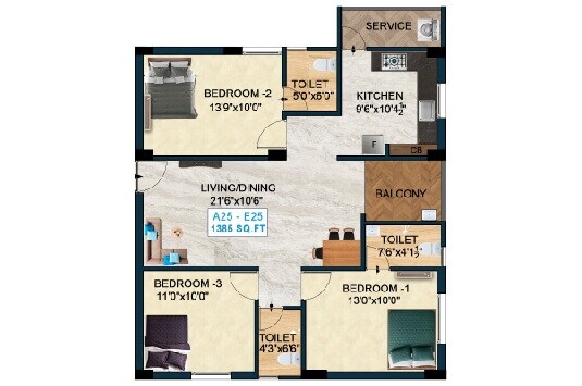 Floor plan of 3 BHK 1386 Sq. Ft. Apartment in The Nest Bonsai, Chennai