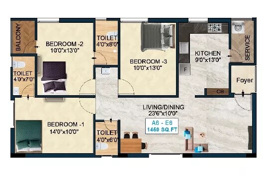 Floor plan of 3 BHK 1450 Sq. Ft. Apartment in The Nest Bonsai, Chennai