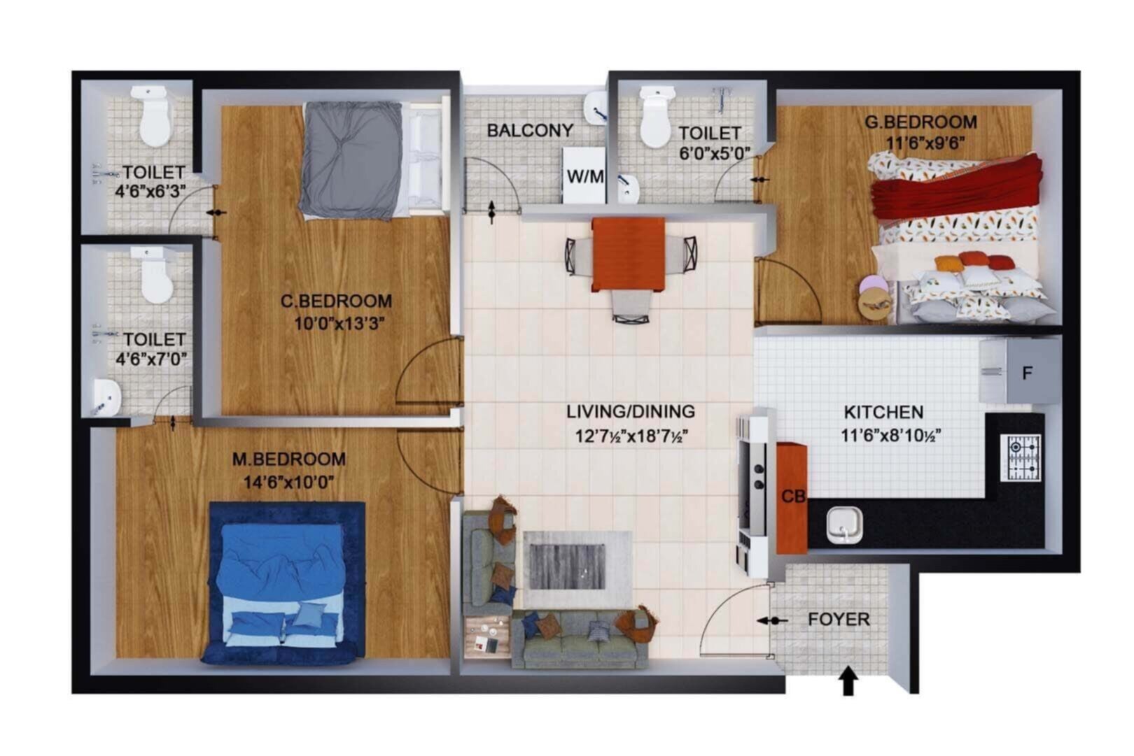 Floor plan of 3 BHK 1275 Sq. Ft. Apartment in The Nest Carnival, Chennai