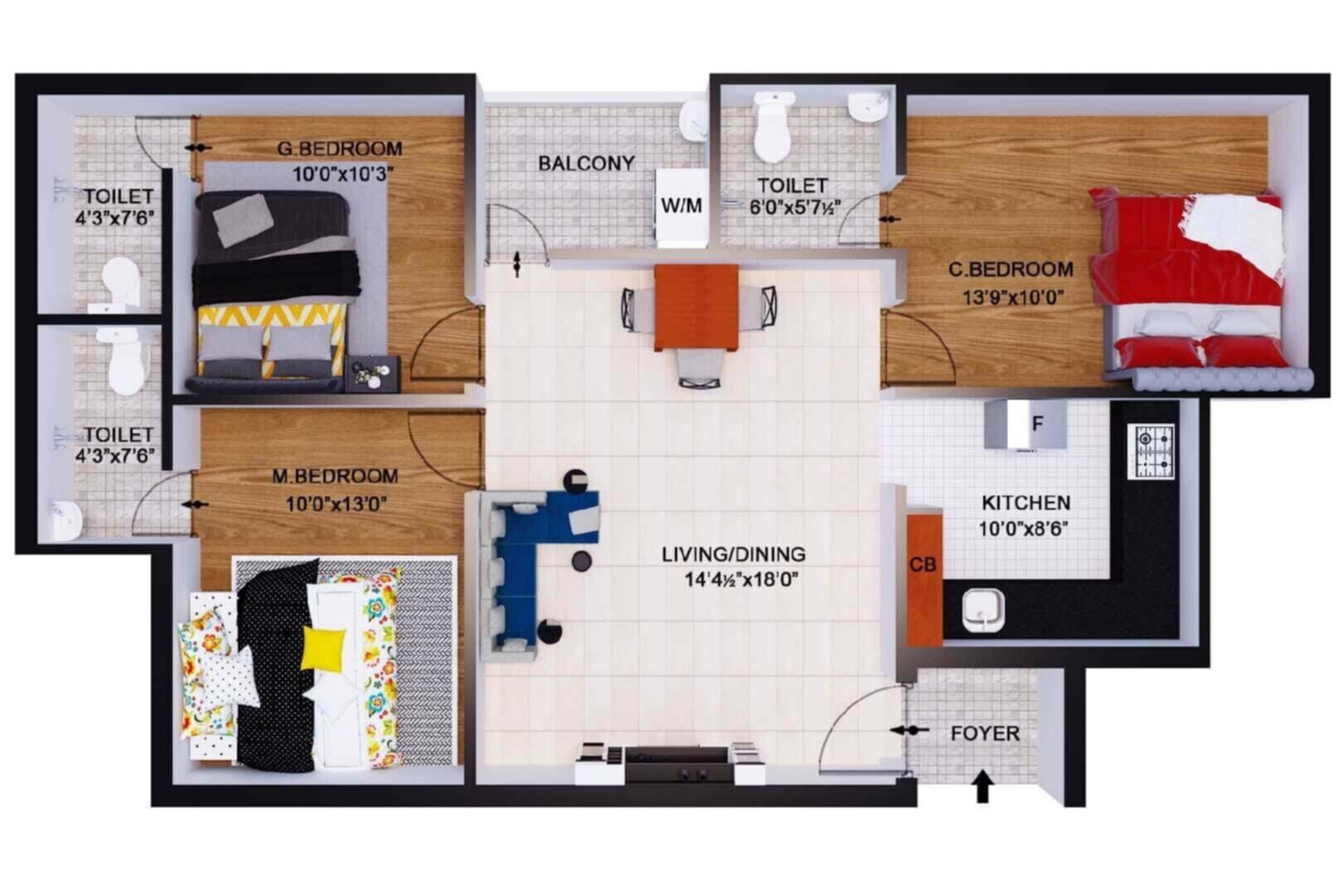 Floor plan of 3 BHK 1315 Sq. Ft. Apartment in The Nest Carnival, Chennai