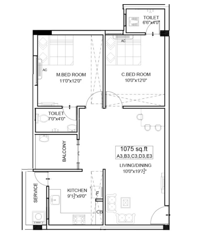 Floor plan of 2 BHK 1075 Sq. Ft. Apartment in The Nest Cosmos, Chennai
