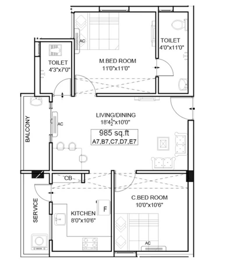 Floor plan of 2 BHK 985 Sq. Ft. Apartment in The Nest Cosmos, Chennai